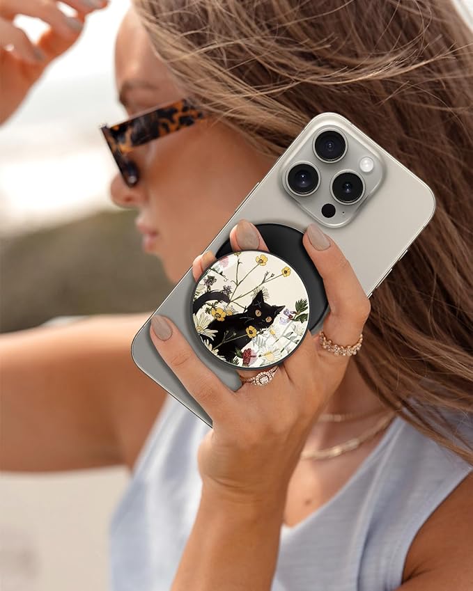 Kidcube Magnetic Phone Grip Compatible with Magsafe - Cell Phone Grip Stand Magnetic Ring Holder Finger Kickstand for iPhone 17 16 15 14 13 12 Series Magnet Removable Accessories Cute Black Cat Flower