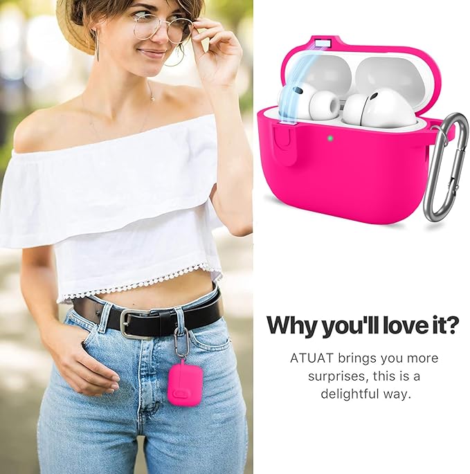 ATUAT for AirPods Pro 3 Case with Magnetic Lid Lock, Protective Soft Silicone Cover with Keychain Cleaner Kit for Women Men for Apple AirPods Pro 3rd Generation(2025), Front LED Visible, Hot Pink
