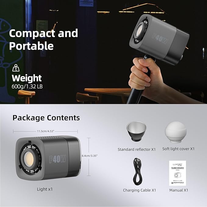 Portable Magnetic LED Video Light 40W COB - Metal Mini Dual Color 2500K-6500K w/Built-in Battery, Continuous Lighting Spotlight w/Magnetic Attachable Reflector & Softbox