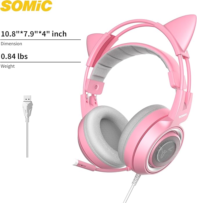 SOMIC G951pink Gaming Headset for PC, PS4, PS5, Laptop, Cat Ear Headphone USB Gaming Headphones with Mic Noise Cancelling, LED Light, 7.1 Virtual Surround Sound for Girls, Women