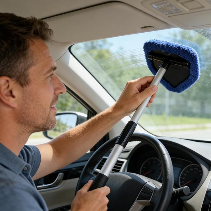Microfiber Car Windshield Cleaning Tool with Extendable Handle,Car Defogging Glass Cleaning Brush with 4 Reusable Microfiber Pads 1 Spray Bottle and 1 Car Dust Removal Brush. (Blue)
