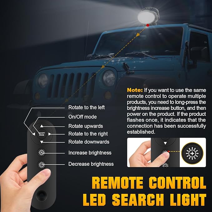 Willpower 5D 360º Rotate Remote Control Led Search Lights 50W Spot Beam Portable LED Work Light with Magnetic Base Driving Lamps for Car Offroad Truck ATV Boat Security Emergency Lighting 12V 24V