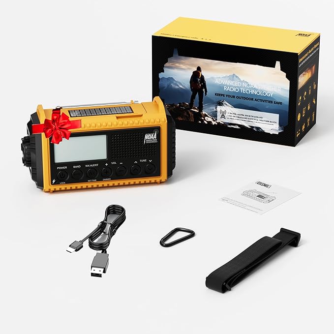 NOAA Emergency Weather Radio - 5000mAh Solar/Hand Crank/Battery AM/FM/SW with USB Charger, LED Flashlight & SOS Alert, Clock, Portable Survival Radio for Power Outage, Hurricanes, Camping