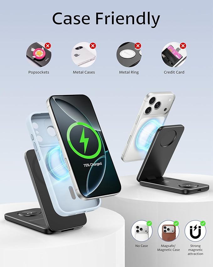 3 in 1 Qi2 Magnetic Wireless Charging Station for Apple Devices, Foldable Travel Charger Stand for iPhone 17/16/15/14/13/12 Series, Apple Watch Ultra/10/9/8/7/6/SE & AirPods Pro/4/3