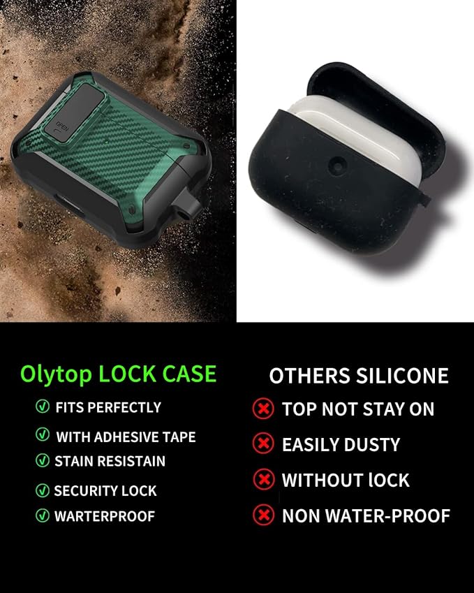 Airpods Pro 3 Case with Lock Clip, Rugged Apple Airpods Pro 3rd Generation Cover 2025 Men Women, Armor Shockproof iPod Pro3 Gen Protective Hard Shell with Carabiner&Cleaner kit,CF Black/Green