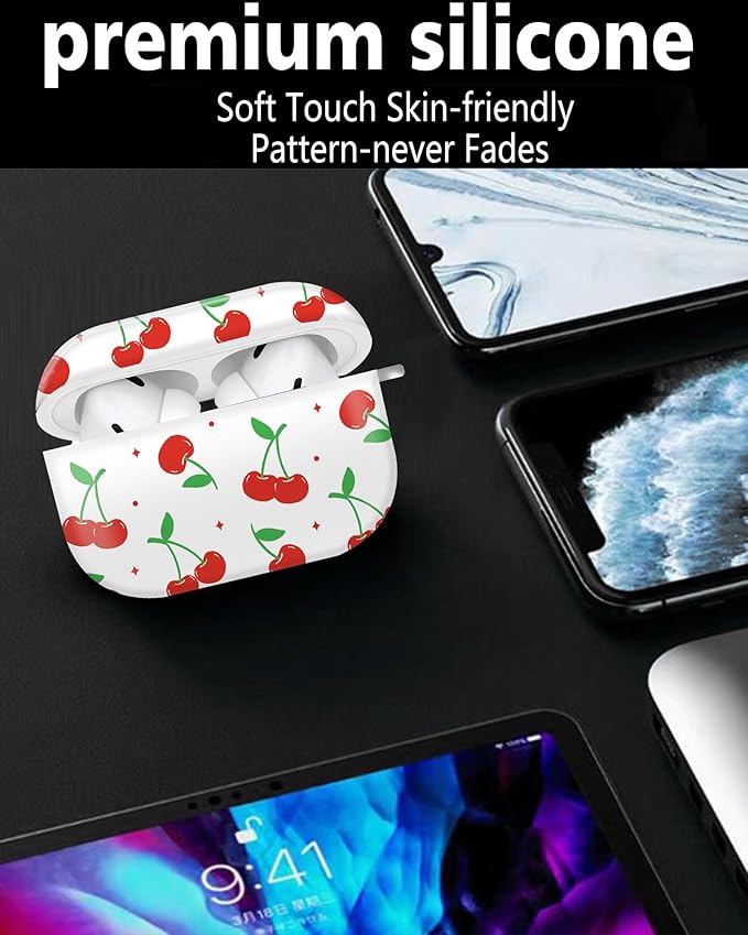 Cute Hard Case Compatible with AirPods Pro 2nd/1st Generation, Protective Cover with Golden Keychain, Fits 2023/2022/2019 Models, for Women, Girls, and Men(Retro Cherry with Bow)
