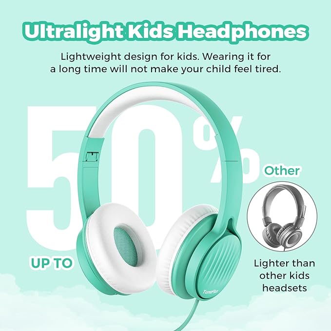 TuneFlux Upgraded Kids Headphones, Wired Toddler Headsets, 85dB Limited Volume On Ear Headphones, Portable Foldable Design, Stereo Sound Kids Headsets for School/Tablet/Travel-Green