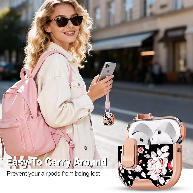 for AirPods 4 Case with Secure Lock Clip in Phone Stand,Floral Girly Style Protective Cover with Cleaning Kit and Hand Strap for Apple AirPod 4 Generation (Rose Petals)