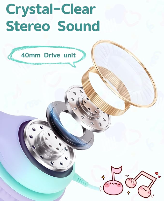 Over Ear Kids Headphones with HD Mic, Safe Volume Limited Wired Headphones for School, Travel, Stereo Sound Headphones with Cord, Foldable 3.5mm Headphones for iPad, Laptop, PC, Purple-Green