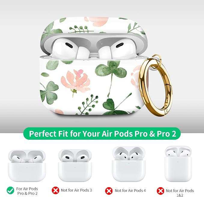 Compatible with Airpod pro 2nd/1st Generation Case Cover with Gold Round Keychain Cute Pattern Hard & Anti Slip Cover for Men Women & Girls(Flowers and Plants)