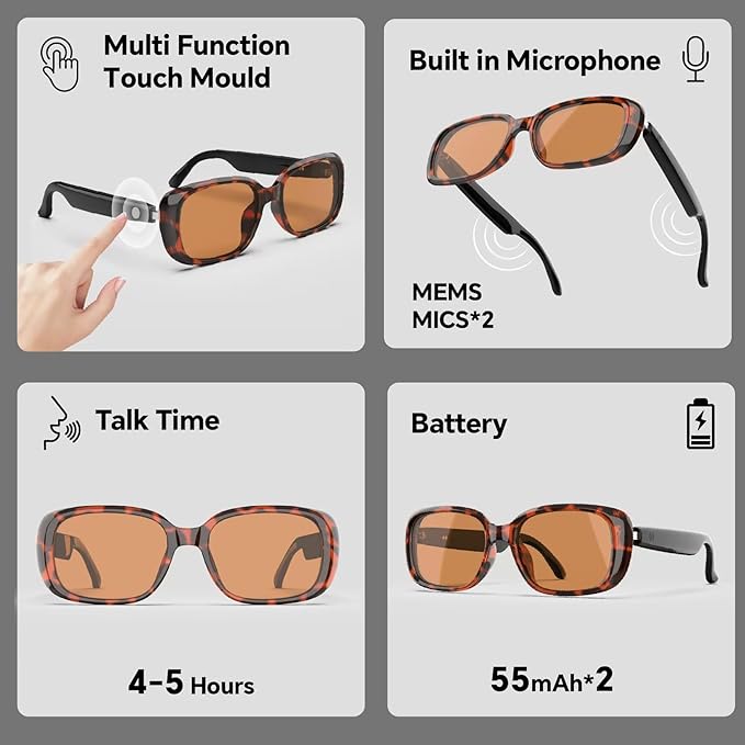 Bluetooth Audio Smart Sunglasses with Speakers, UV400 Protection Blue Light Blocking Glasses for Men Women