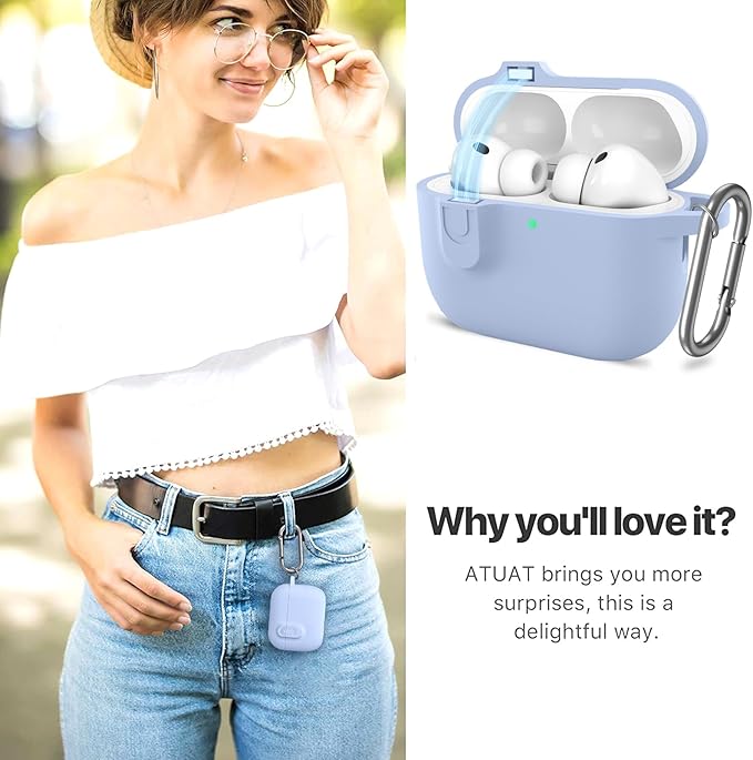 ATUAT for AirPods Pro 3 Case with Magnetic Lid Lock, Protective Soft Silicone Cover with Keychain Cleaner Kit for Women Men for Apple AirPods Pro 3rd Generation(2025), Front LED Visible, Light Blue