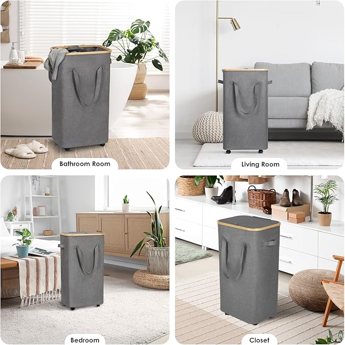 WELTRXE Gray Laundry Hamper with Lid and Wheels, 110L Large Rolling Laundry Basket with Extended Handles Foldable Dirty Clothes Hamper Wheeled Narrow Corner Clothes Bins for Bedroom Dorm Laundry Room