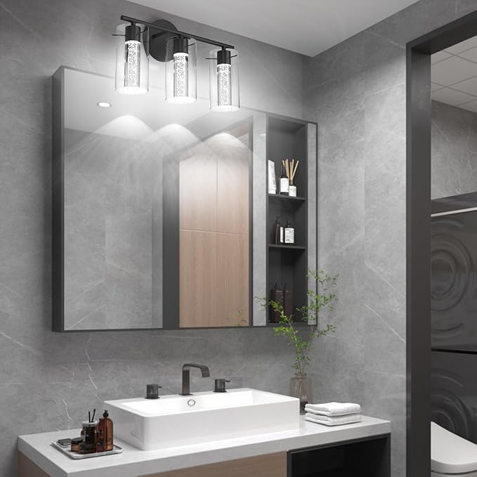 Tipace Modern Vanity Light,3-Light Black LED Vanity Light Fixture,Crystal Bathroom Lighting Fixtures Over Mirror,Wall Lighting Fixtures for Bath,Wall Sconce for Bedroom Living Room,6000K White Light