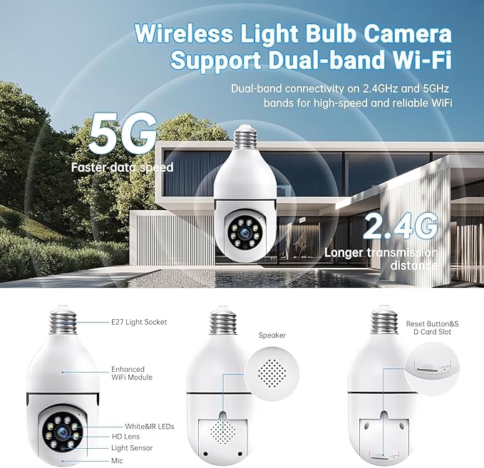 Light Bulb Security Camera, 5G& 2.4GHz WiFi 2K Security Cameras Wireless Outdoor Motion Detection and Alarm,Two-Way Talk,Color Night Vision,Human Detection, Camera Light Bulb Easy to Install
