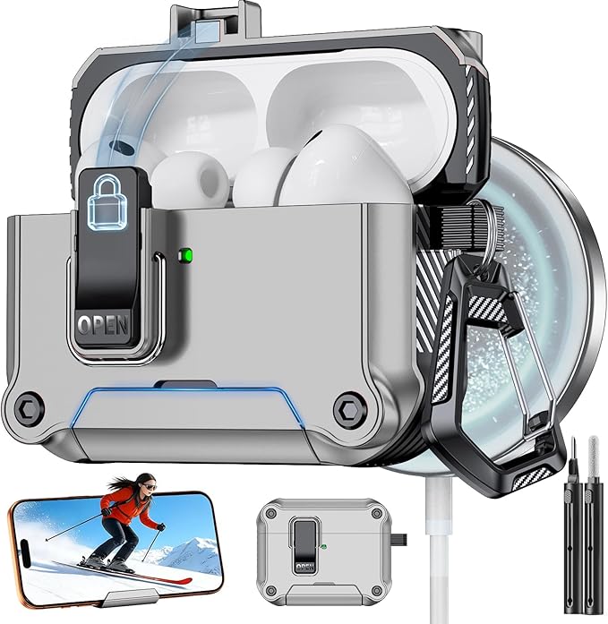 for AirPods Pro 3 Case with Lock,Automatic Snap Switch Design with Phone Stand,Accessories with Cleaning Pen/Keychain/Tool,Compatible with Magsafe(Silver, AirPods Pro 3rd (2025))