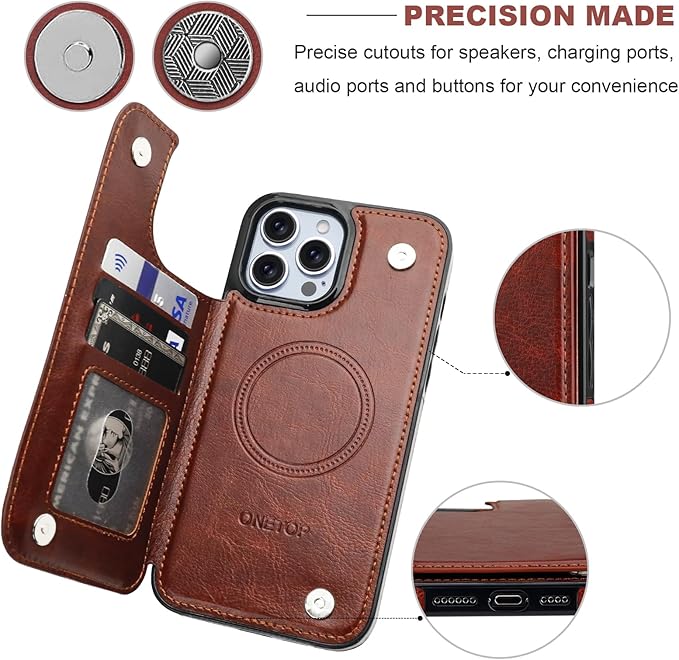 ONETOP Compatible with Magsafe for iPhone 13 Pro Max Wallet Case with Card Holder, PU Leather Kickstand RFID Blocking Case, Double Magnetic Clasp and Durable Shockproof Cover 6.7 Inch (Brown)