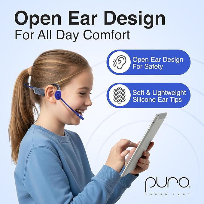 Puro Sound Labs PuroFlex Kids Bone Conduction Headphones – Bluetooth 5.3 Wireless, Volume Limited with Built-in Mic, Ideal for School, Running & Sports, IPX5 Waterproof Kids Open Ear Headphones, Blue