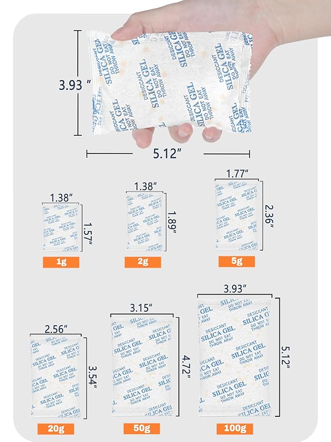 100 Gram (5 Pack) Color-Indicating Silica Gel Packets, Premium Food Grade Desiccant - Rechargeable Moisture Absorbers for Food Storage, Electronics, 3D Filament & Safes