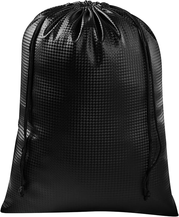 PALTERWEAR Tech-Weave PU-Coated Drawstring Bags (Set of 5) Water-Resistant, Directional-Stretch Travel Organizers for Gym, Toiletries, Tech Gear, Tablet - Durable, Wipe-Clean (Black 3D, 9 x 12 In)