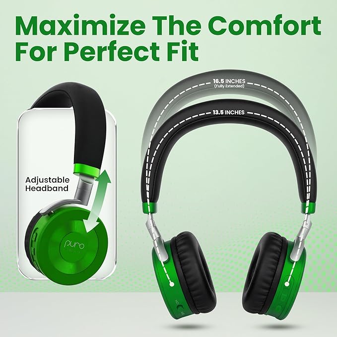 Puro Sound Labs JuniorJam Plus Volume-Limiting Wireless Bluetooth Headphones for Kids, Secure Audio with Adjustable On-Ear Design, 22-Hour Battery Life, Ideal for Tablets, Smartphones & PCs - Green