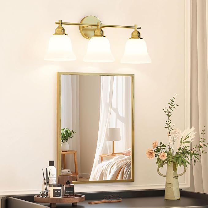 3-Light Bathroom Vanity Light Brushed Gold Modern Fixture with Frosted Glass Shades, Over Mirror Lighting for Bathroom/Bedroom, 22 inch