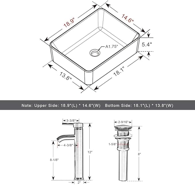 eclife 60" Modern Bathroom Vanity Sink Combo Freestanding Cabinet with Small Side Cabinet, White Rectangle Ceramic Vessel Sink, Water Save Faucet, Drain (Black+T03)