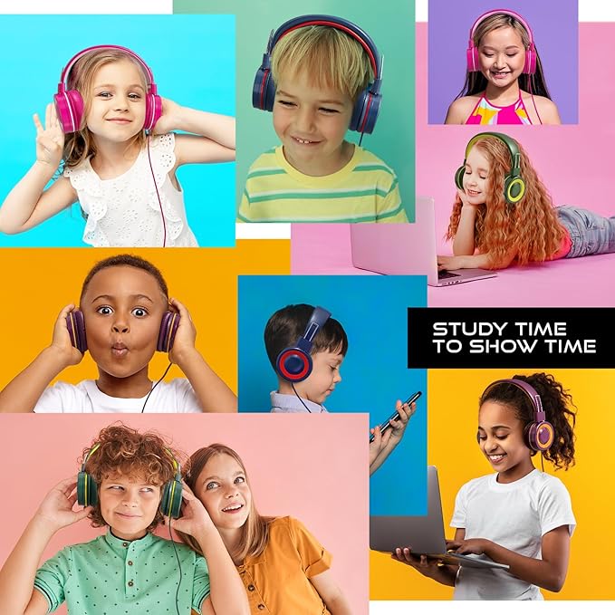 MYZI Kids Headphones with Cord, Foldable Over Ear Headphones for Kids with Microphone, Tangle-Free Wired 85dB Safe Volume Toddler Headphones for iPad, School, and Airplane – Navy