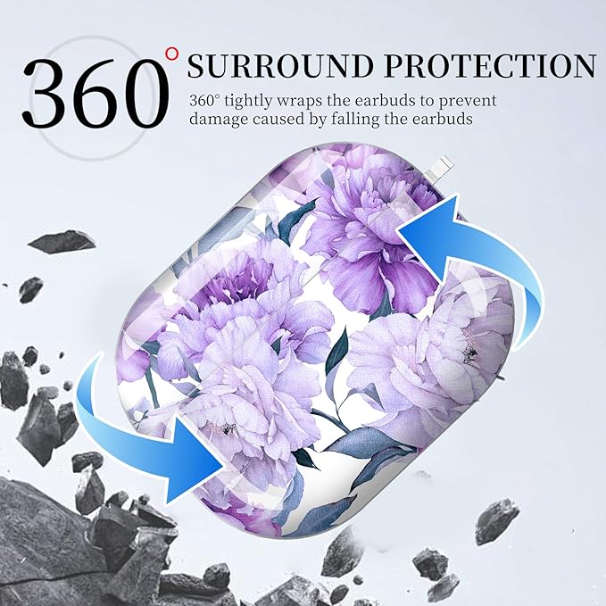 Case for AirPod Pro 3 Shock-Proof Protective Hard Case with Golden Keychain Compatible with Apple Airpods Pro 3rd Generation 2025 (Beautiful Purple Flower)