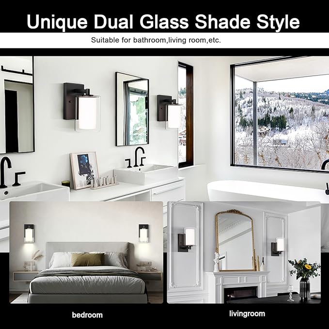 Kalium Wall Sconces Set of Two, Modern Vanity Lights with Double Clear Glass Shade Matte Black Indoor Farmhouse Wall Lights for Bathroom Living Room Bedroom Hallway Bulb E26 Base (Bulbs Not Included)