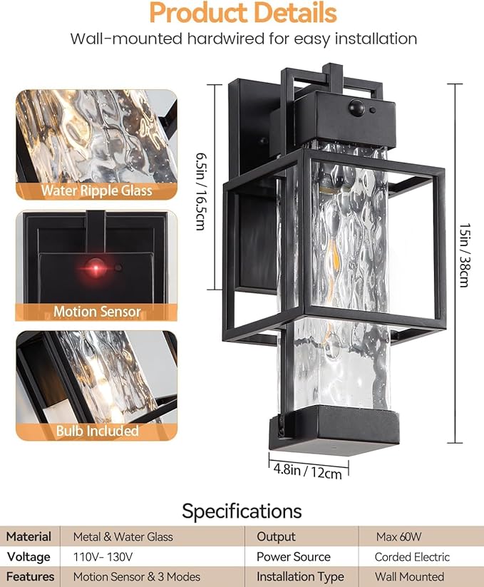 Motion Sensor Outdoor Lights, Dusk to Dawn Outdoor Lighting Exterior Light Fixture with Water Glass, Waterproof Sconce Wall Mount for House Porch Patio Garage, Bulb Included