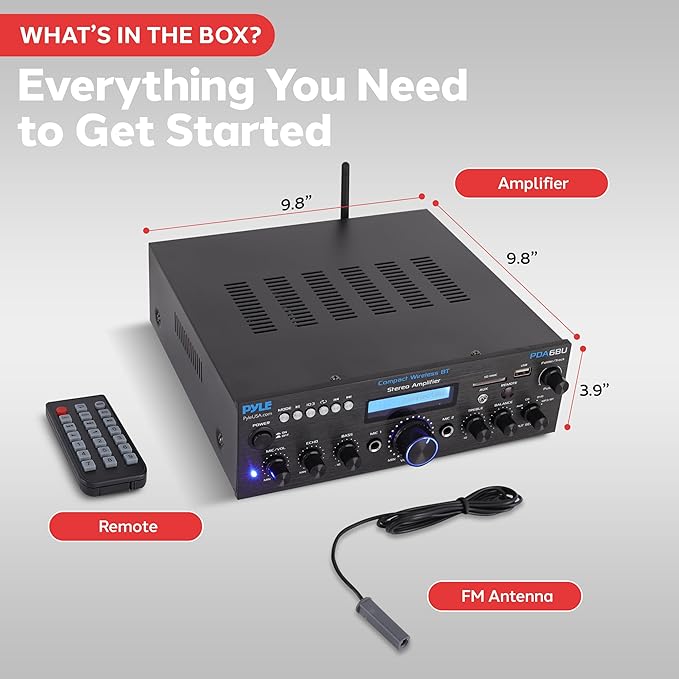 Pyle Wireless Bluetooth Power Amplifier System- 200W Dual Channel Sound Audio Stereo Receiver w/ USB, SD, AUX, MIC in w/ Echo, Radio, LCD, for Home Theater Entertainment via RCA, Studio Use- PDA6BU.7