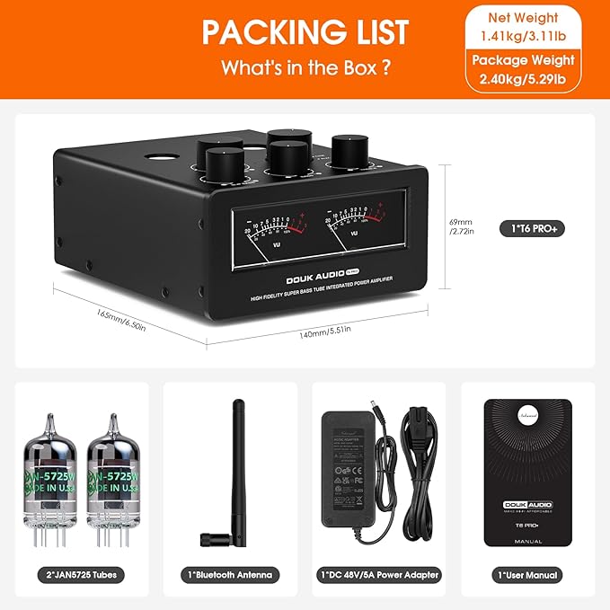 Douk Audio Bluetooth Tube Amp: 300W x2 TPA3255 2 Channel Stereo Power Amplifier – Dual VU Meters & Super Bass – for Home Theater & Hi-Fi Systems (T6 PRO)