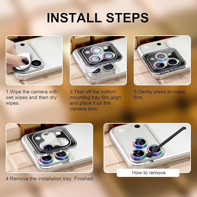 Misea Compatible for iPhone 17 Pro/iPhone 17 Pro Max Camera Lens Protector Bling, 9H Tempered Glass Camera Cover Screen Protector Metal Individual Ring Decoration Accessories, Colorful Diamond