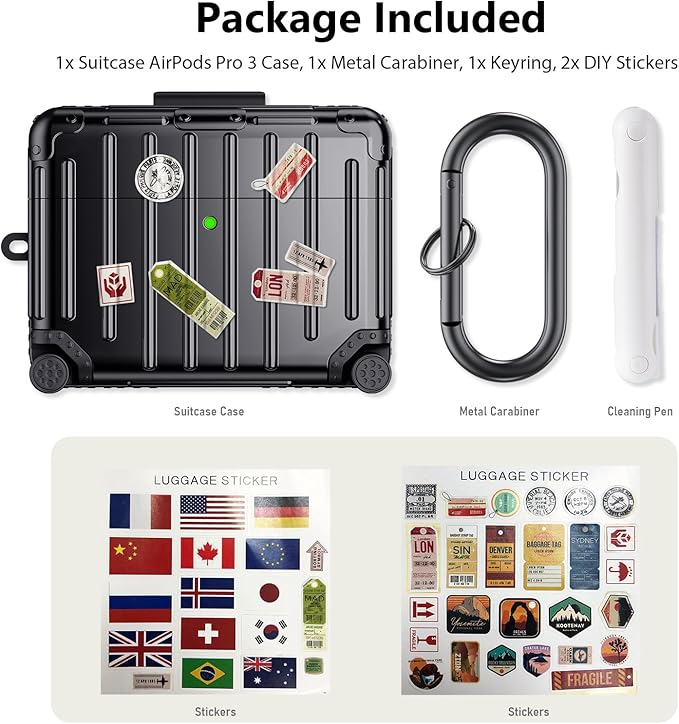 KOREDA Compatible with AirPods Pro 3 Case Cover, Cute Funny Suitcase Design Case for AirPods Pro 3rd Generation, Fashion Protective Hard Case for Women Men with Keychain and Cleaner Kit (Black)