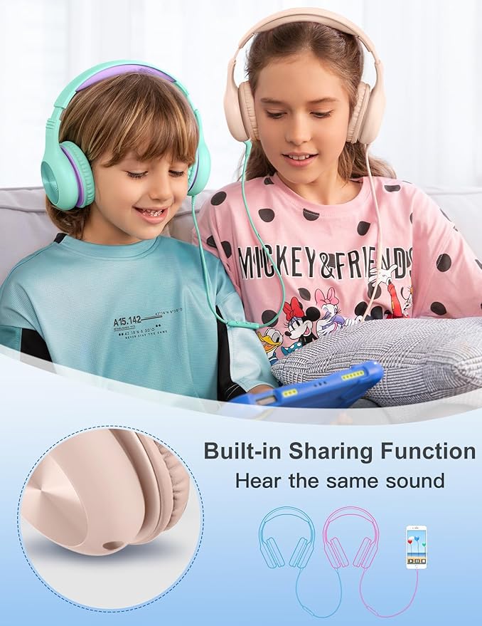 Kids Headphones with MIC, Over-Ear Headphones for Kids with Cord, HD Sound, Safe Volume Limit, Sharing Function, Kid Headset for Girls Boys, Toddler Headphone for School, Tablet, Sand Pink
