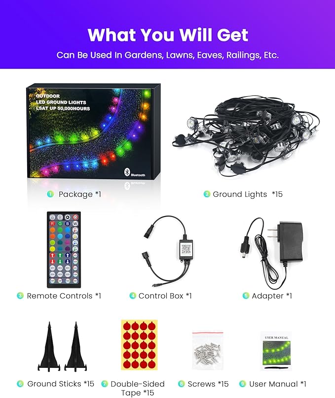 KISUFU 50ft RGB Permanent Outdoor Lights for House,2IN1 Outdoor Ground Light & Permanent Christmas Lights,IP67 Waterproof for Halloween Christmas Garden Yard Walkway