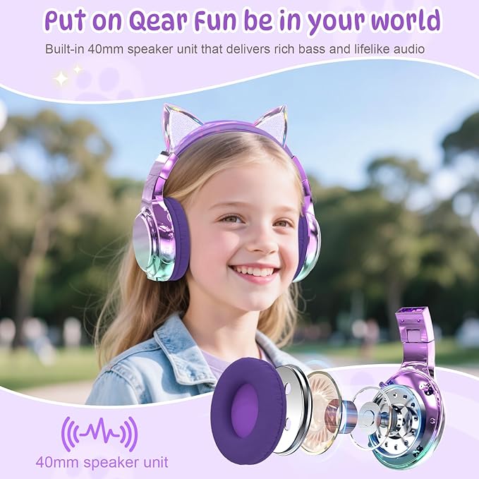 QearFun Kids Cat Ear Bluetooth Headphones, 60H Playtime, 74/85/94dB Safe Volume Limit, Metallic Gradient Wireless Headset with Mic, Fast Charging, Foldable, Wired Mode for Girls School/Tablet/Travel