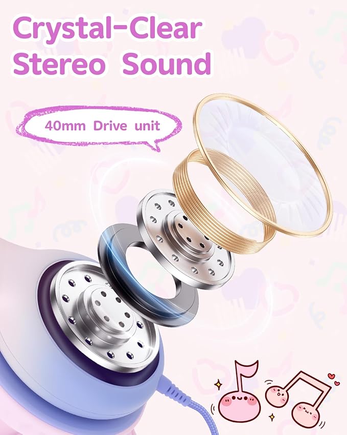 Over Ear Kids Headphones with HD Mic, Safe Volume Limited Wired Headphones for School, Travel, Stereo Sound Headphones with Cord, Foldable 3.5mm Headphones for iPad, Laptop, PC, Pink-Blue