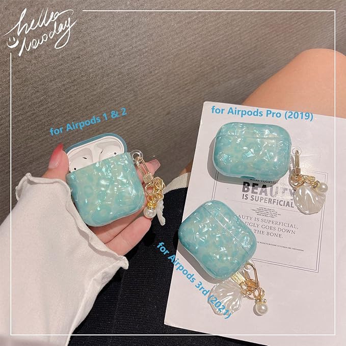 Cute Case for Airpod Pro 2 with Shell Pearl Keychain Luxury Aesthetic Leopard Hard TPU Protective Cover Compatible with AirPods Pro 2019 2022 2023 for Girls Women (Turquoise Blue)