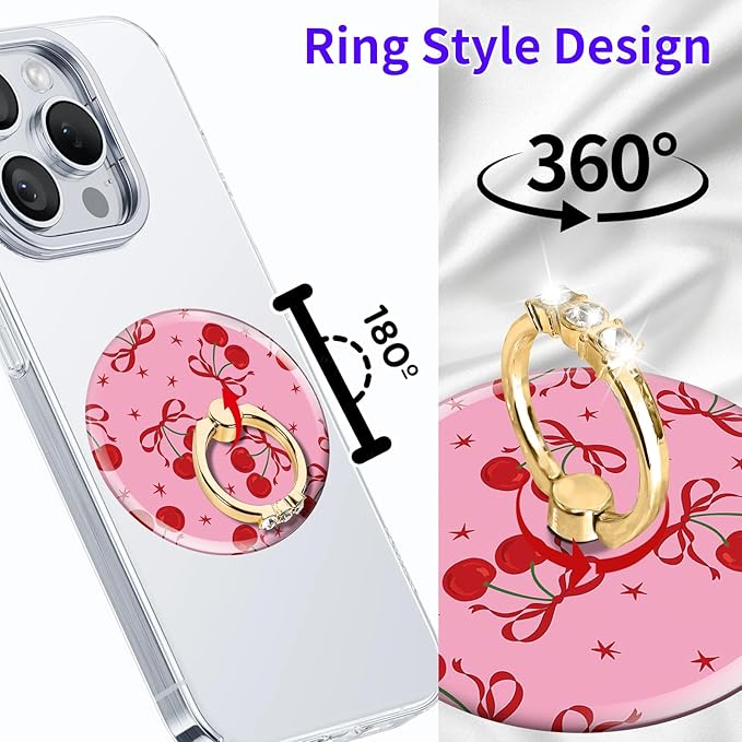 Magnetic Phone Ring Holder Compatible with MagSafe, Cute Phone Grip Stand with 360° Rotation Gold Glitter Finger Ring Kickstand Accessories for Most Phones Cute Bowtie Cherry