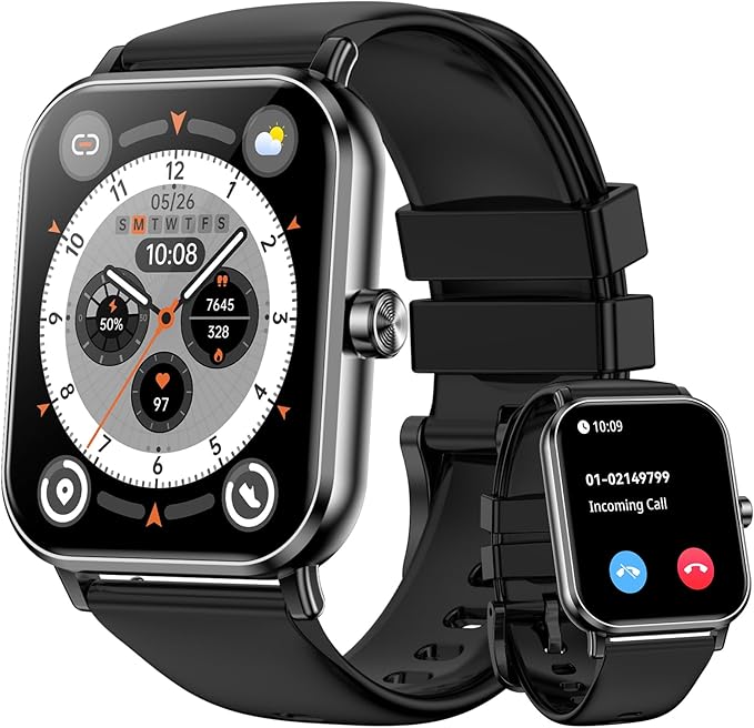 Smart Watch for Men Women, 1.85" HD Fitness Tracker with Bluetooth Calls, IP68 Waterproof, 120+ Sport Modes, 24/7 Heart Rate/Sleep Monitor, Pedometer, Calories, Smartwatch for iOS Android (Black)