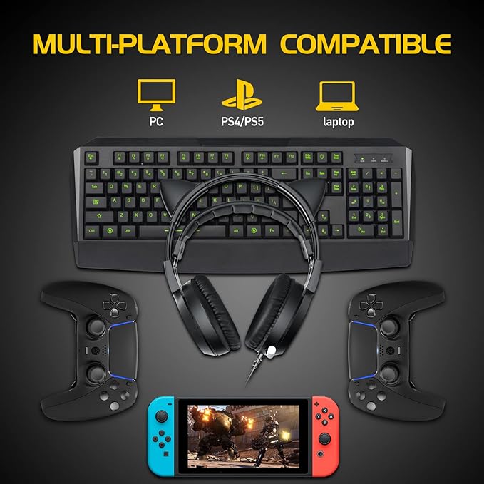 SOMIC G951black Gaming Headset for PC, PS4, Laptop: 7.1 Virtual Surround Sound Detachable Cat Ear Headphones LED, USB, Lightweight Self-Adjusting Over Ear Headphones Black