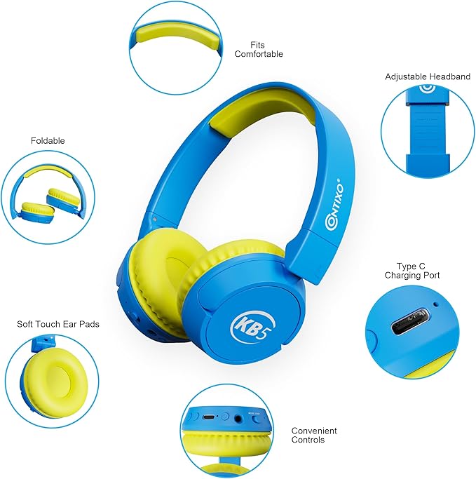 Contixo KB-5 Kids Headphones - Over The Ear Foldable Bluetooth Wireless Headphone for Kids - 85dB with Volume Limited - Toddler Headphones for Boys and Girls (Blue + Yellow)