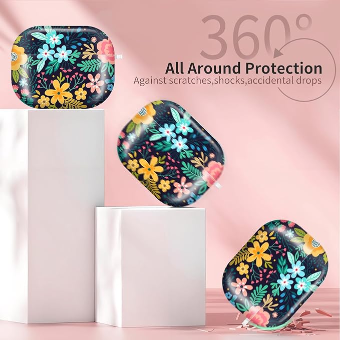 AirPod Pro 3 (2025) Case Cover for Women, Cute Shockproof TPU Protective Case with Gold Round Buckle, Anti-Drop Design Bright Flowers