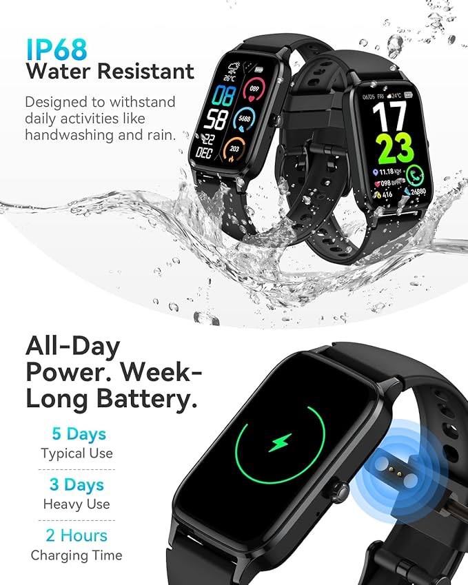 Fitness Tracker for Women Men, Activity Smart Watch Compatible with Android iPhone, Step Counter with 110+ Sports, Sleep Monitor, Calorie Counter, IP68 Waterproof (Black, 1.57)