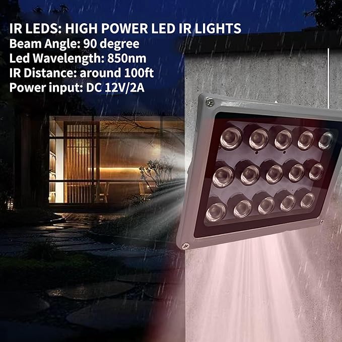 IR Illuminator for CCTV Security Cameras,12V ir Light 20 LED Infrared Illuminator Lights, Rainproof, Automatic Switch at Night (20-lamp IR Illuminator)
