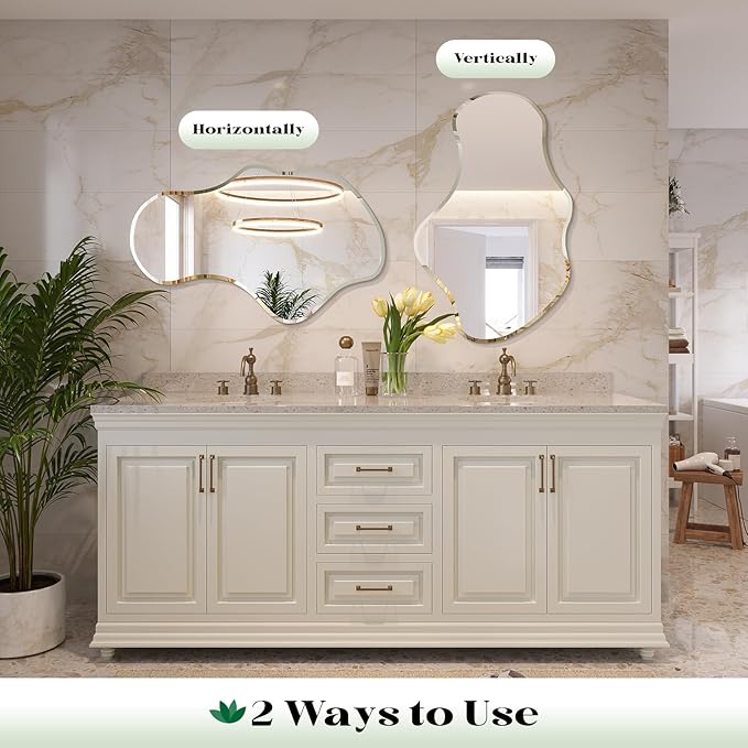 Irregular Wall Mirror, 22”x38” Frameless Asymmetrical Mirror, Beveled Frameless Funky Wavy Wall Mirrors for Entry Way Modern Bathroom Bedroom Living Room