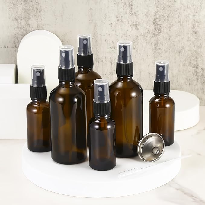 3.4 oz Amber Glass Spray Bottles,Empty Fine Mist Refillable Travel Spray Bottle for Cleaning,Perfume,Aromatherapy,Cosmetic Sprays,Hair,Essential Oils with Fine Mist Dispenser(6 Pack)