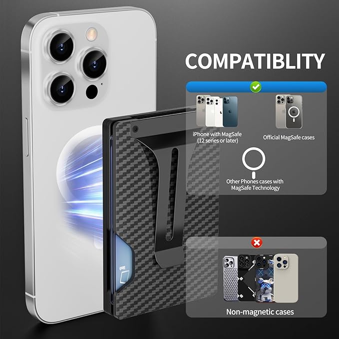 Magnetic Phone Wallet with Apple MagSafe - Metal Card Holder with AirTag Holder, RFID Blocking & Money Clip Mag Safe Wallet for iPhone 16 15 14 13 12 Pro Max/Pro/Plus/Mini